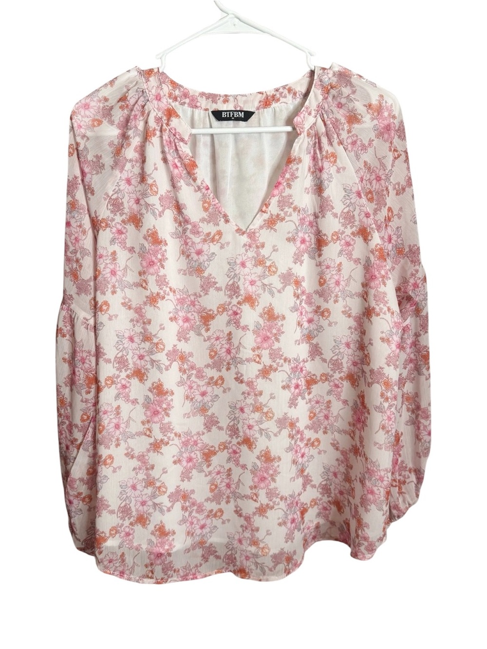 BTFBM Pink Floral V-Neck Long Sleeve Women's Top